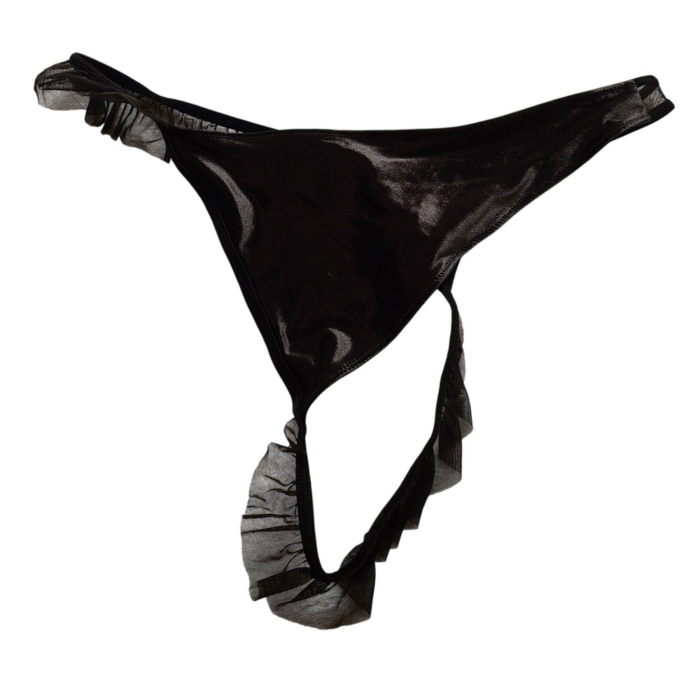 Fredericks of Hollywood Black Ruffle Mesh Thong Panty Shiny Satin Ruffles XL NWT